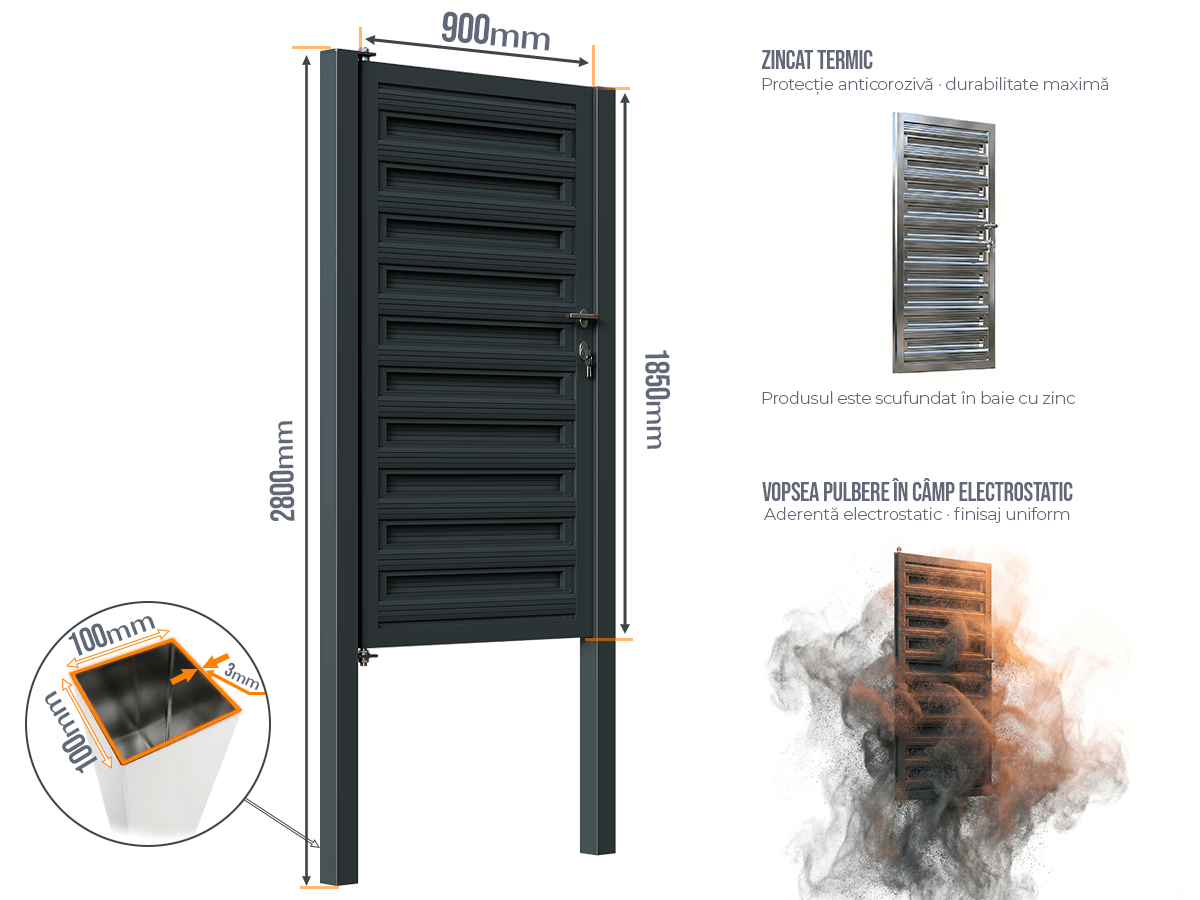 Portiță Șipcă Orizontală - Portită Șipcă Orizontală cu stâlpi 100x100/3.0 h-2.8